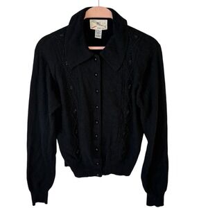 Vintage SML Sport Ltd Black Beaded Cardigan Sweater Collar Sz L Lambswool Angora